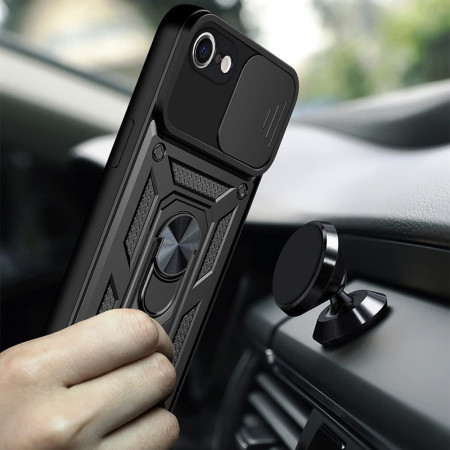 Husa telefon compatibila iPhone 6 Plus/ 6s Plus, Slide & Snap Premium, Magnetic Ring Holder, PopGrip, Anti-Shock, Negru