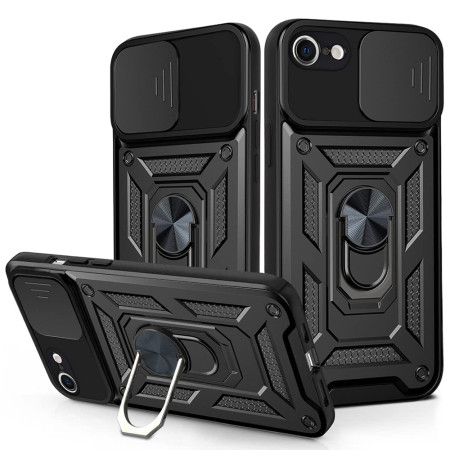 Husa telefon compatibila iPhone 6 Plus/ 6s Plus, Slide & Snap Premium, Magnetic Ring Holder, PopGrip, Anti-Shock, Negru