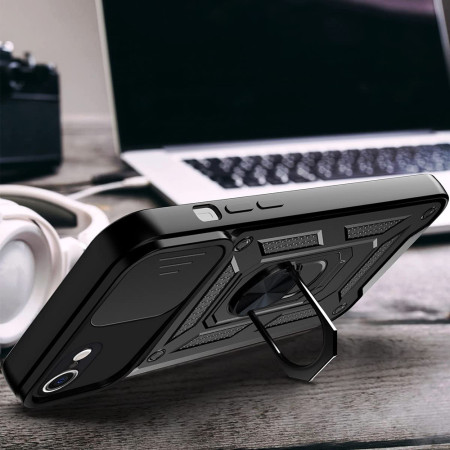 Husa telefon compatibila iPhone 6 Plus/ 6s Plus, Slide & Snap Premium, Magnetic Ring Holder, PopGrip, Anti-Shock, Negru