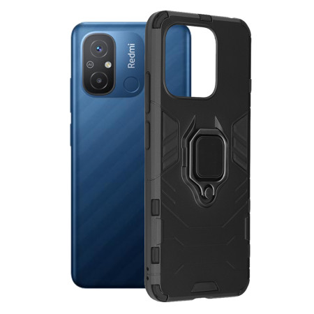 Husa H-Ring Defender compatibila Xiaomi Redmi 12C, Antishock Armor, Inel rotetiv 360 grade, Magnet suport auto incorporat, TPU si PC, Negru
