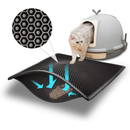 Covoras Impermeabil pentru Litiera Pisici, Dublu Strat, Structura Tip Fagure, 60x40 cm, Negru, Material EVA