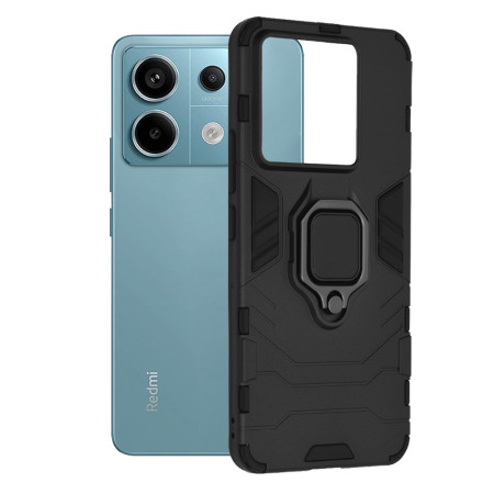 Husa Ring Defender compatibila Xiaomi Redmi Note 13 Pro / Poco X6 Pro, Antishock Armor, Inel rotativ 360 grade, Magnet suport auto incorporat, TPU si PC, Negru