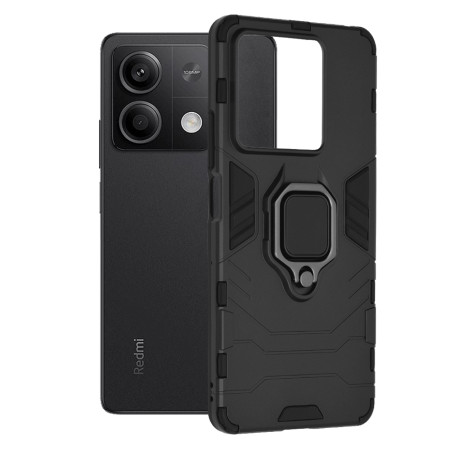 Husa Ring Defender compatibila Xiaomi Redmi Note 13, Antishock Armor, Inel rotativ 360 grade, Magnet suport auto incorporat, TPU si PC, Negru