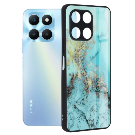 Husa telefon compatibila Honor X6a, Glass Spate din Sticla Securizata, Blue Ocean