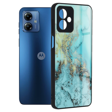 Husa telefon compatibila Motorola Moto G14, Glass Spate din Sticla Securizata, Blue Ocean