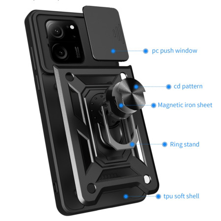 Husa telefon compatibila Xiaomi 13T / 13T Pro, Slide & Snap Premium, Magnetic Ring Holder, Negru