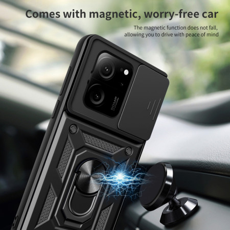 Husa telefon compatibila Xiaomi 13T / 13T Pro, Slide & Snap Premium, Magnetic Ring Holder, Negru