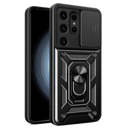 Husa telefon compatibila Samsung Galaxy S24 Ultra, protectie camera Slide/Snap Soft Premium, Magnetic Ring Holder, PopGrip, Anti-Shock, Negru