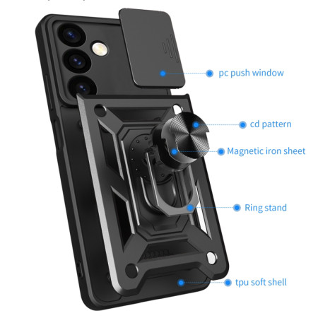 Husa telefon compatibila Samsung Galaxy S24, protectie camera Slide/Snap Soft Premium, Magnetic Ring Holder, PopGrip, Anti-Shock, Negru