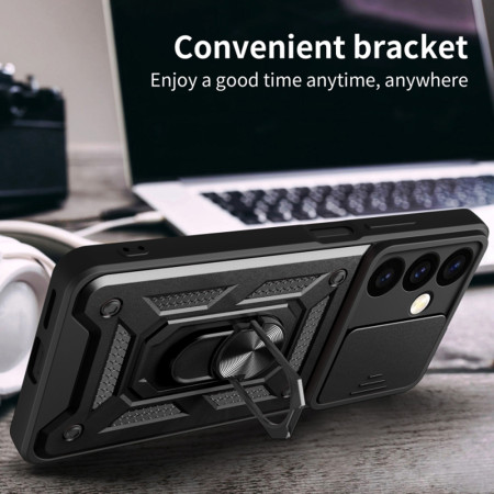 Husa telefon compatibila Samsung Galaxy S24, protectie camera Slide/Snap Soft Premium, Magnetic Ring Holder, PopGrip, Anti-Shock, Negru