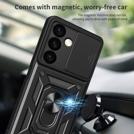 Husa telefon compatibila Samsung Galaxy S24, protectie camera Slide/Snap Soft Premium, Magnetic Ring Holder, PopGrip, Anti-Shock, Negru
