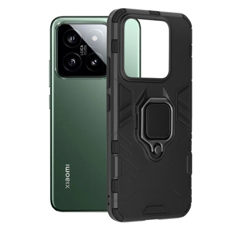 Husa telefon compatibila Xiaomi 14, Antishock Armor, Inel rotativ 360 grade, Magnet suport auto incorporat, TPU si PC, Negru