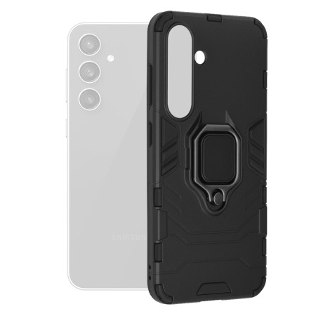 Husa telefon compatibila Samsung Galaxy S24, Antishock Armor, Inel rotativ 360 grade, Magnet suport auto incorporat, TPU si PC, Negru