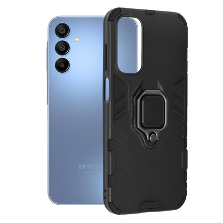Husa telefon compatibila Samsung Galaxy A15, Antishock Armor, Inel rotativ 360 grade, Magnet suport auto incorporat, TPU si PC, Negru