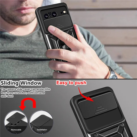 Husa pentru Google Pixel 9 Pro, Slide si Snap Premium, Magnetic Ring, Negru