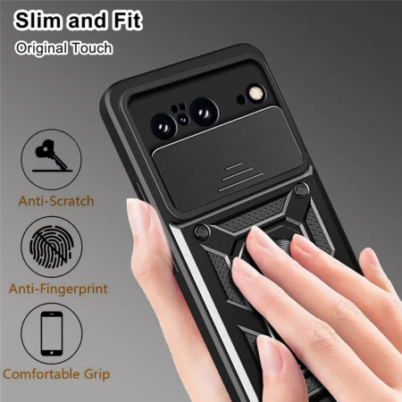 Husa pentru Google Pixel 9 Pro, Slide si Snap Premium, Magnetic Ring, Negru