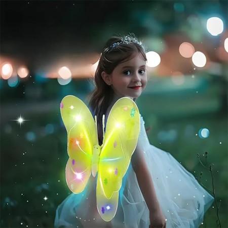 Costum Fluturas Fairy Dress cu Aripi Modelabile Luminoase pentru Copii, Fusta din Tul cu Lumini, 4 piese, Bumbac/Poliester, Galben