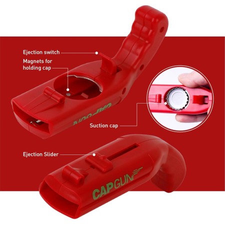 Deschizator Sticle Tip Pistol cu Tragaci, Lansator Capac, Plastic ABS, 13x6x3.7 cm, Rosu