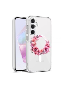 Husa pentru Samsung Galaxy A16, Atasare Magnetica, MagSafe, Pink Wreath 1, Clear
