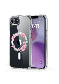 Husa pentru iPhone 16e, Atasare Magnetica, MagSafe, Pink Wreath 3, Clear