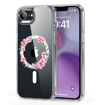 Husa pentru iPhone 16e, Atasare Magnetica, MagSafe, Pink Wreath 3, Clear