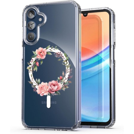Husa pentru Samsung Galaxy A15 4G, Atasare Magnetica, MagSafe, Pink Wreath 6, Clear