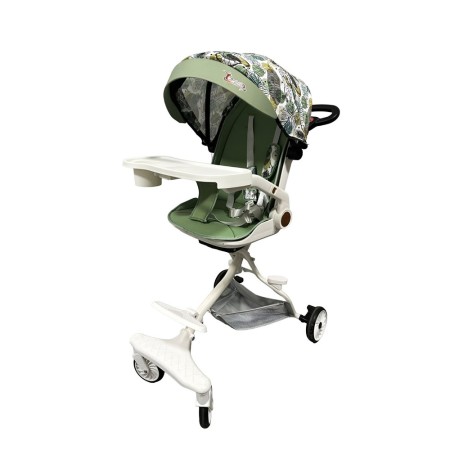 Cărucior Sport 3 în 1, Reversibil, Pliabil, Poziție Somn, Tavă Masă, Roti 360°, Suport Pahar, Copertină Soare, Verde Frunze, 6-36 Luni