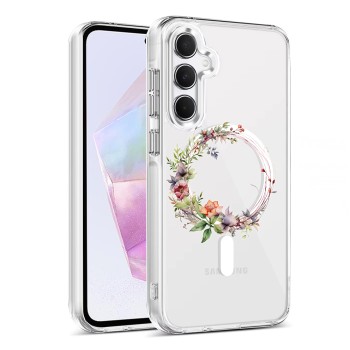 Husa pentru Samsung Galaxy A35 5G, Atasare Magnetica, MagSafe, Pink Wreath 21, Clear