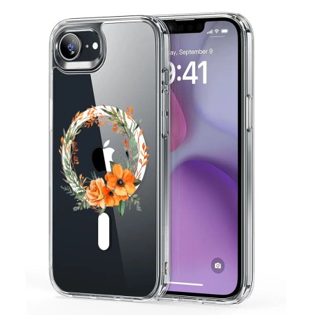 Husa pentru iPhone 16e, Atasare Magnetica, MagSafe, Pink Wreath 12, Clear
