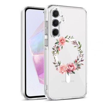 Husa pentru Samsung Galaxy A55 5G, Atasare Magnetica, MagSafe, Pink Wreath 6, Clear