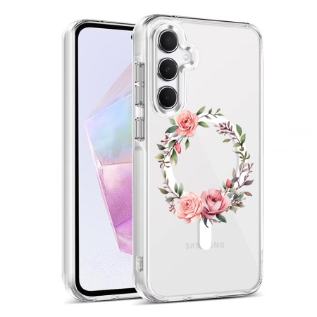 Husa pentru Samsung Galaxy A55 5G, Atasare Magnetica, MagSafe, Pink Wreath 6, Clear