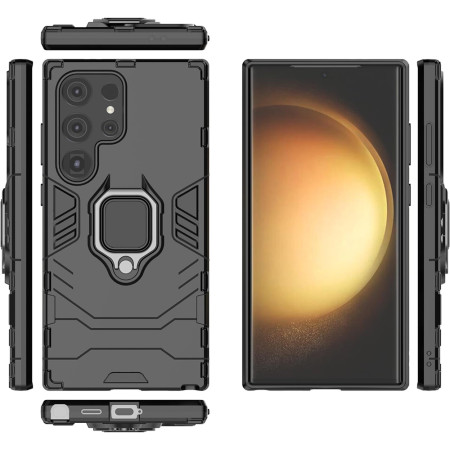 Husa Ring Defender compatibila Samsung Galaxy S24 Ultra, Antishock Armor, Inel rotativ 360 grade, Magnet suport auto incorporat, TPU si PC, Negru