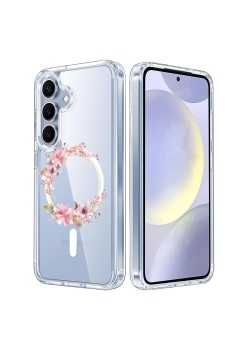 Husa pentru Samsung Galaxy S25, Atasare Magnetica, MagSafe, Pink Wreath 2, Clear