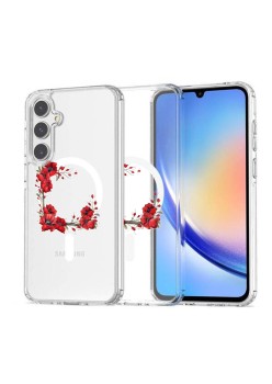 Husa pentru Samsung Galaxy A56 5G, Atasare Magnetica, MagSafe, Pink Wreath 4, Clear