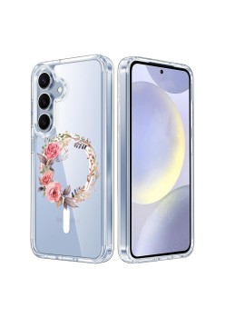 Husa pentru Samsung Galaxy S25, Atasare Magnetica, MagSafe, Pink Wreath 7, Clear