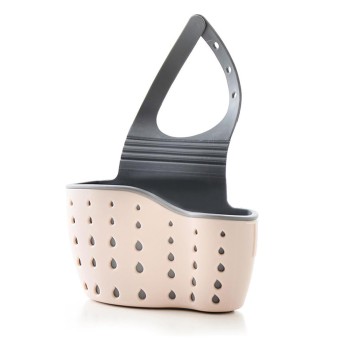 Organizator Chiuveta Bucatarie cu Scurgere – Suport Laveta si Burete, Roz Pastel, Plastic Flexibil, Curea Reglabila, 15x21 cm