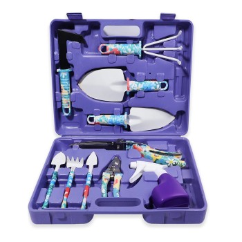 Set 5 Accesorii Grădinărit cu Geantă Textilă, Oțel Inoxidabil, Foarfecă + Lopeți + Pulverizator, 38 x 29 cm, Mov