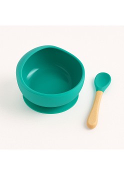 Bol silicon cu ventuza si lingurita lemn-silicon pentru bebelusi, set 2 piese, fara BPA, diversificare, verde