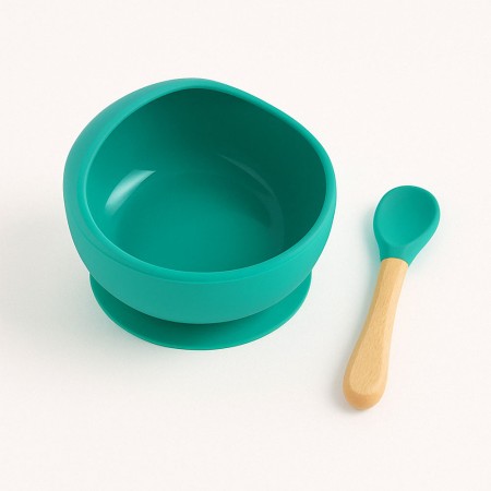 Bol silicon cu ventuza si lingurita lemn-silicon pentru bebelusi, set 2 piese, fara BPA, diversificare, verde