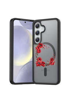 Husă Antișoc MagSafe pentru Samsung Galaxy S25, Spate Mat Anti-Amprentă, Floral Pink Wreath 4, Negru