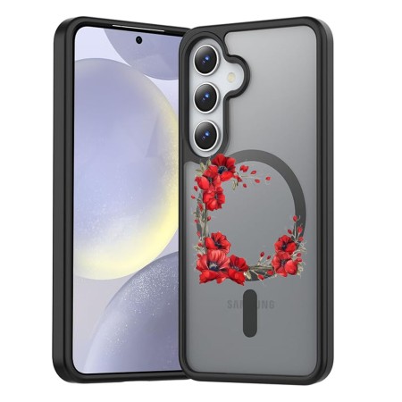 Husă Antișoc MagSafe pentru Samsung Galaxy S25, Spate Mat Anti-Amprentă, Floral Pink Wreath 4, Negru