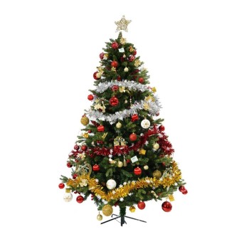 Set brad artificial de Craciun decorat cu conuri pin rosii si elemente decorative, 1172 ramuri, Verde