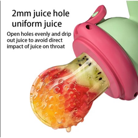Suzeta fructe bebelusi din silicon alimentar, +4 luni, tetina cu gauri 2 mm, capac protectie, 12.4x5.1x4.7 cm, verde/fucsia