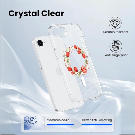 Husa pentru iPhone 16e, Atasare Magnetica, MagSafe, Pink Wreath 15, Clear