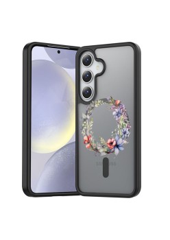 Husă Antișoc MagSafe pentru Samsung Galaxy S25, Spate Mat Anti-Amprentă, Floral Pink Wreath 16, Negru