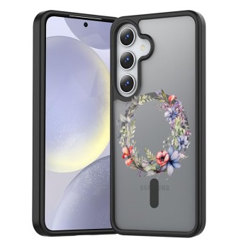 Husă Antișoc MagSafe pentru Samsung Galaxy S25, Spate Mat Anti-Amprentă, Floral Pink Wreath 16, Negru