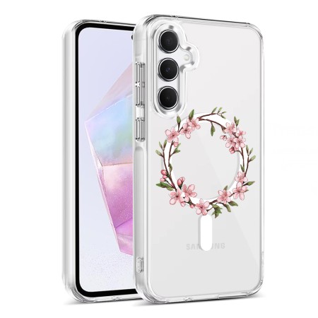 Husa pentru Samsung Galaxy A35 5G, Atasare Magnetica, MagSafe, Pink Wreath 13, Clear