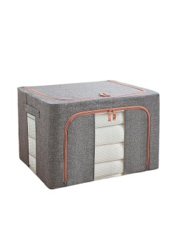 Cutie de Depozitare Pliabilă, 24L, Bumbac și In, Cadru Metalic, Bază Stabilă, Două Ferestre (Frontală și Laterală), 2 Uși cu Fermoar Bidirecțional, 40x30x20 cm, Gri