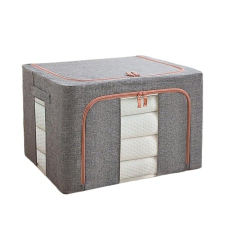Cutie de Depozitare Pliabilă, 24L, Bumbac și In, Cadru Metalic, Bază Stabilă, Două Ferestre (Frontală și Laterală), 2 Uși cu Fermoar Bidirecțional, 40x30x20 cm, Gri