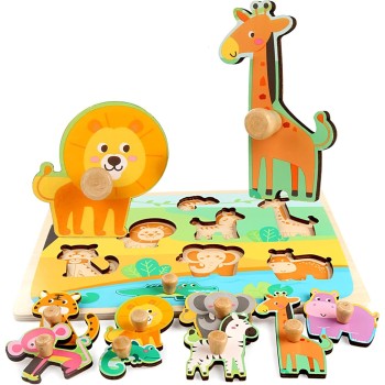 Puzzle Educativ Model Animale din Jungla, Montessori din Lemn, 0-3 Ani, 9 Piese, Multicolor